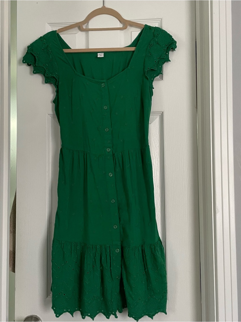 Emerald Green Flutter Sleeve Button Front Eyelet Dress - Women